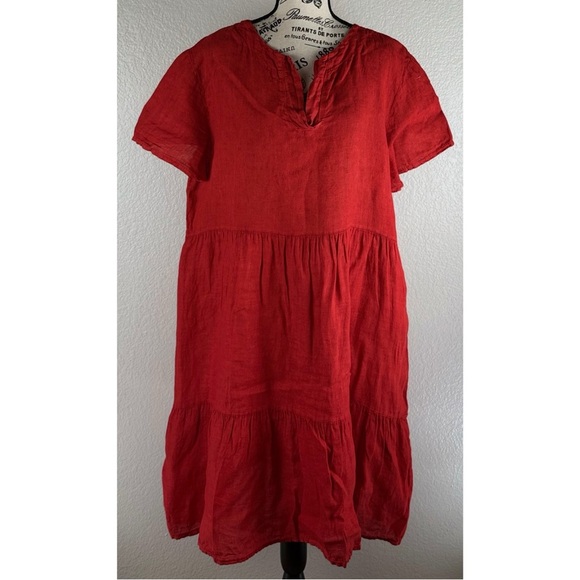 Giusy Women’s Dress Red 100% Linen Tiered Short Sleeve Shift, size XL - Picture 3 of 10